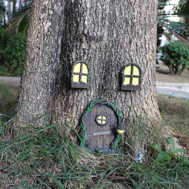 IMOFEE Fairy Door and Windows Garden Kit Accessories Outdoor, Glow in Dark Gnome House for Tree, Lawn Yard Art Sculpture, Miniature Garden Decor (Gnome) - Image 3